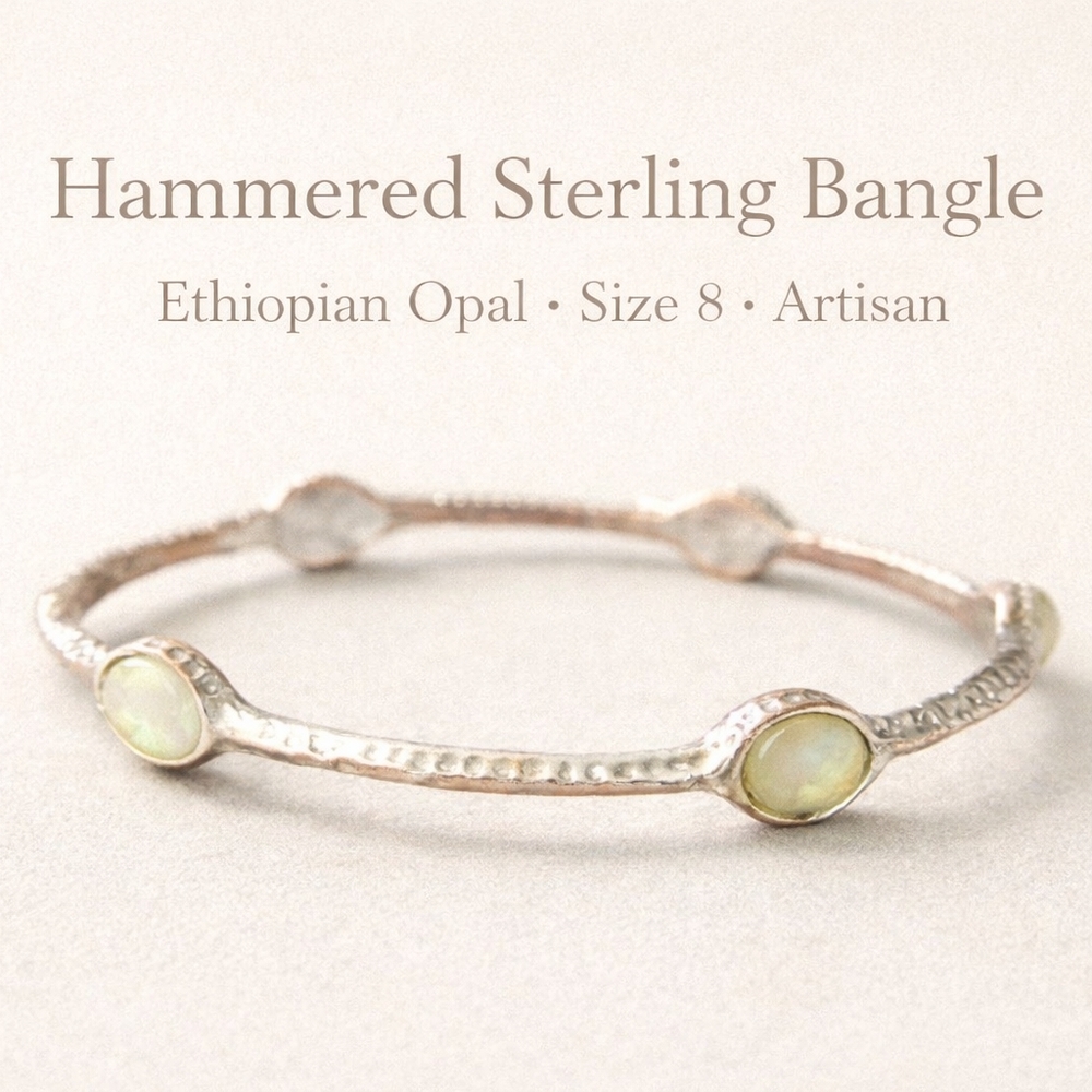 Hammered Sterling-Style Bangle – Ethiopian Opal Gemstones, Size 8 – Artisan